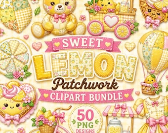 Sweet Lemon Patchwork Clipart Bundle, Lemon PNG, Quilted Summer Clipart, Cottagecore Fruit PNG, Pink Lemonade, 50 PNG Designs