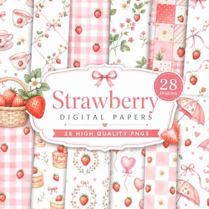Puede incluir: Una colección de papeles digitales con patrones de fresas, tazas de té, cestas, pasteles, paraguas y lazos en tonos rosa, rojo y blanco. La etiqueta central muestra el texto Strawberry Digital Papers 28 High Quality PNGs.