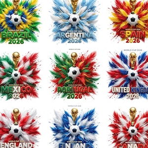 May include: A collection of colorful graphics for the World Cup 2026, featuring soccer balls, trophies, and country flags. Each design includes the country's name and the year 2026. The text "200+ HIGH QUALITY PNGS" is also present.