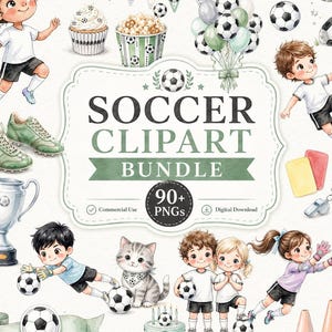 Könnte beinhalten: Aquarell-Fußball-Clipart-Bundle mit Illustrationen von Kindern, die Fußball spielen, Fußbällen, Cupcakes, Popcorn, Luftballons, einer Trophäe und einer Fußball-Torte. Der Text lautet "SOCCER CLIPART BUNDLE".