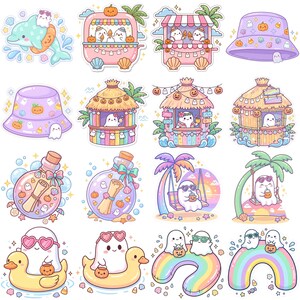 May include: A collection of sixteen colorful stickers featuring ghosts in various summer and Halloween settings, including beach huts, tropical swings, glass bottles with scrolls, bucket hats, rubber ducks, and rainbows with pastel accents.