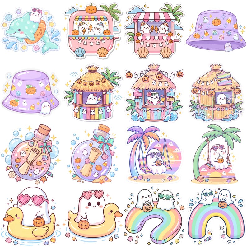 May include: A collection of sixteen colorful stickers featuring ghosts in various summer and Halloween settings, including beach huts, tropical swings, glass bottles with scrolls, bucket hats, rubber ducks, and rainbows with pastel accents.