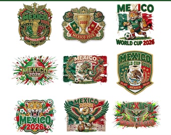 Op de afbeelding: Negen hoogwaardige PNG-afbeeldingen met ontwerpen voor het WK 2026 in Mexico. De ontwerpen omvatten logo's met de tekst "Mexico World Cup 2026", een trofee, een jaguar, een adelaar en een voetbal, in groen, rood en goud.