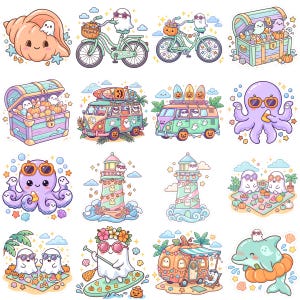 May include: A collection of sixteen colorful stickers featuring cute ghosts, pumpkins, octopuses, lighthouses, surf vans, and sea creatures in a pastel palette. Each individual sticker displays whimsical Halloween-themed illustrations with candy corn, seashells, and tropical elements.