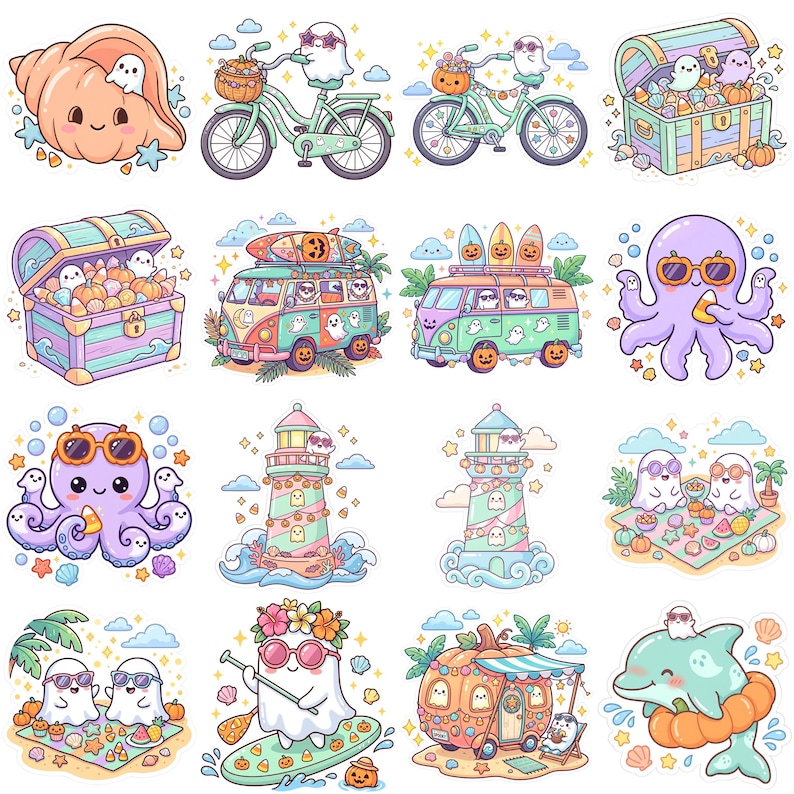 May include: A collection of sixteen colorful stickers featuring cute ghosts, pumpkins, octopuses, lighthouses, surf vans, and sea creatures in a pastel palette. Each individual sticker displays whimsical Halloween-themed illustrations with candy corn, seashells, and tropical elements.