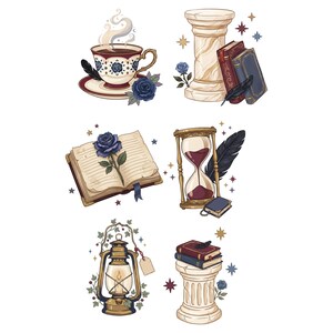 May include: A collection of six illustrations featuring a steaming teacup with a blue rose, a marble pillar with books and a feather quill, an open book with a blue rose, an hourglass with a quill, a lantern with ivy, and books on a marble pillar.
