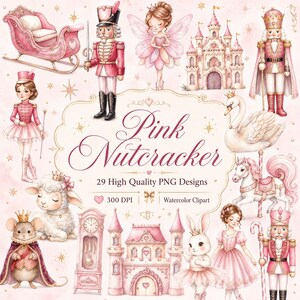 Puede incluir: Una colección de ilustraciones en acuarela con cascanueces rosas, un trineo, un hada, castillos, un cisne, un caballo de carrusel, un ratón, un cordero, un conejo y un reloj, con el texto Pink Nutcracker 29 High Quality PNG Designs 300 DPI.