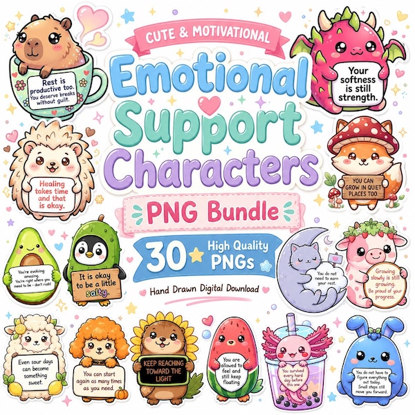 Ensemble PNG de personnages de soutien émotionnel, clipart santé mentale, animaux mignons motivants, citations positives PNG, autocollants