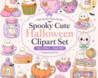 Spooky Cute Halloween Clipart Set, 50+ Cute Ghost PNGs, Pastel Pumpkin Ghost Clipart, Kawaii Halloween Sublimation Art