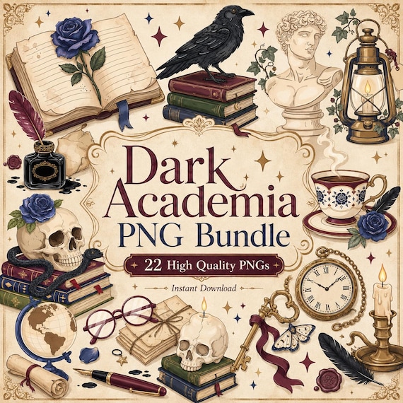 Dark Academia PNG Bundle, Gothic Academia Clipart, Vintage Books Raven Skull PNG, Dark Academia Decor, Printable Art