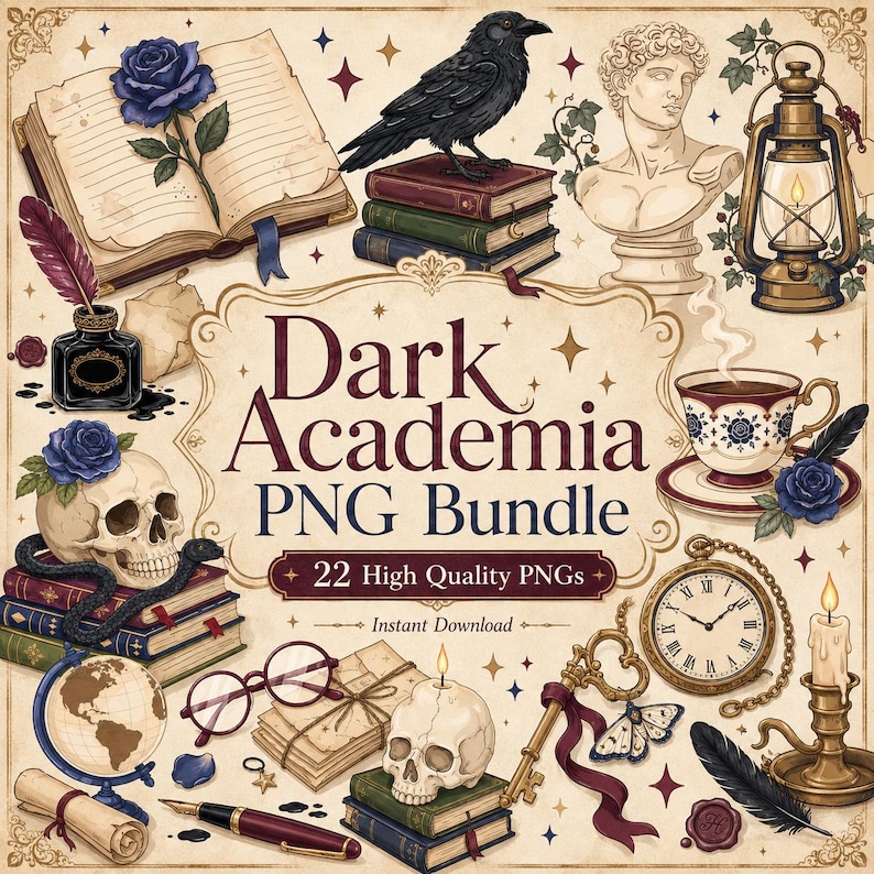 May include: A digital collection of Dark Academia PNG graphics featuring an open book with a blue rose, a raven on a stack of books, a classical bust, a lantern, a skull, a teacup, a pocket watch, a key, candles, and writing instruments.