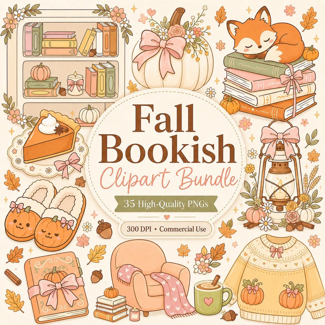 Fall Bookish Clipart Bundle PNG, Cozy Autumn Reading Aesthetic, Pumpkin ...