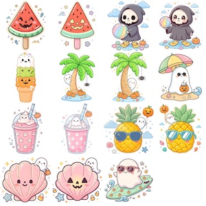 May include: A collection of sixteen digital stickers featuring summer and Halloween themes. The designs include a watermelon popsicle, a skull in a hooded cloak with a beach ball, ice cream, palm trees, ghosts, pineapples with sunglasses, and seashells.