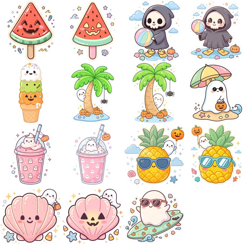 May include: A collection of sixteen digital stickers featuring summer and Halloween themes. The designs include a watermelon popsicle, a skull in a hooded cloak with a beach ball, ice cream, palm trees, ghosts, pineapples with sunglasses, and seashells.
