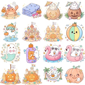 May include: A collection of sixteen individual stickers featuring cute Halloween-themed illustrations including ghosts, pumpkins, sandcastles, mermaids, and flamingos in a pastel color palette with various beach and seasonal accessories.