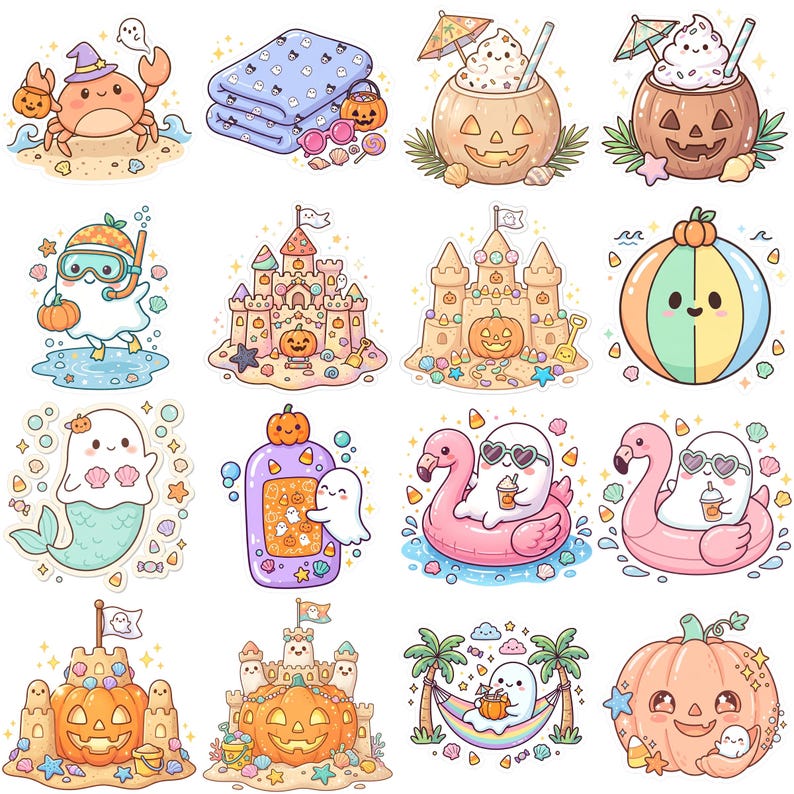 May include: A collection of sixteen individual stickers featuring cute Halloween-themed illustrations including ghosts, pumpkins, sandcastles, mermaids, and flamingos in a pastel color palette with various beach and seasonal accessories.