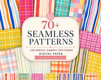 70 Seamless Pattern Bundle PNG, Colorful Digital Paper Pack, Plaid Stripe Check Pattern, Fabric Print Backgrounds Commercial Use