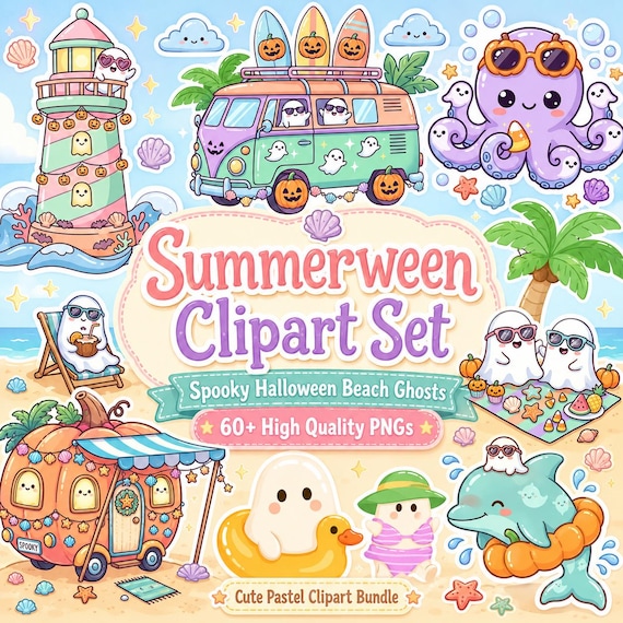Summerween Clipart Set PNG, Spooky Halloween Beach Ghosts, Cute Pastel Beach Ghost PNG Bundle, Halloween Summer Clipart