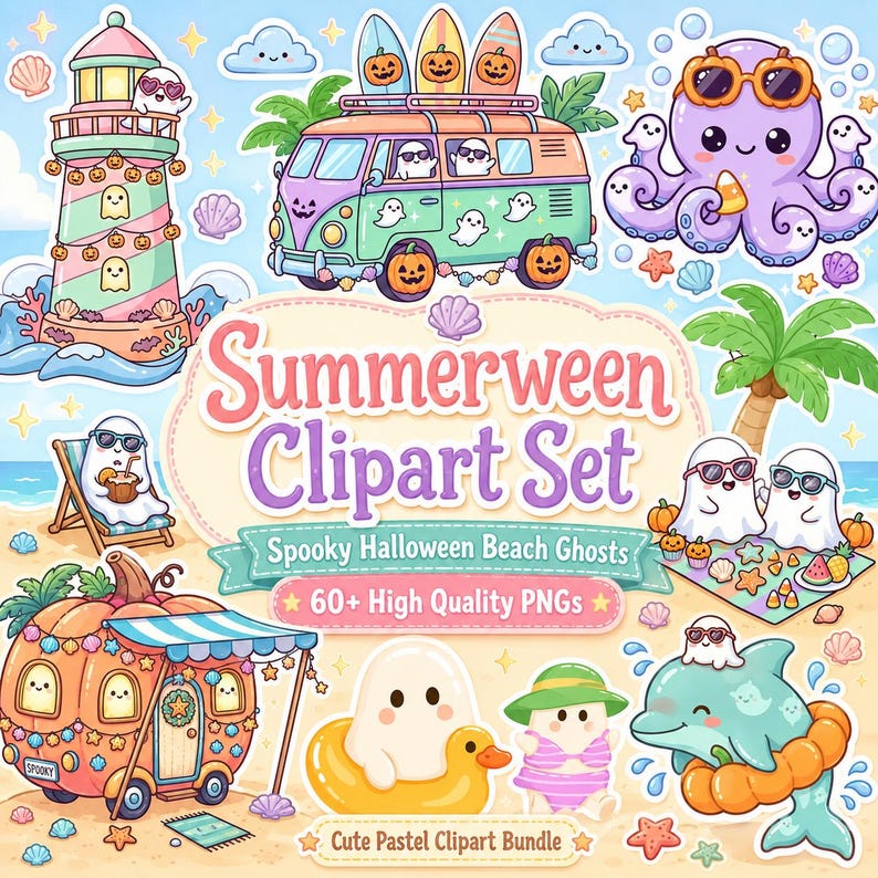 May include: A digital clipart set titled Summerween Clipart Set featuring pastel-colored illustrations of ghosts, a pumpkin camper, a van with surfboards, an octopus, and a dolphin, all decorated with Halloween and beach-themed elements.