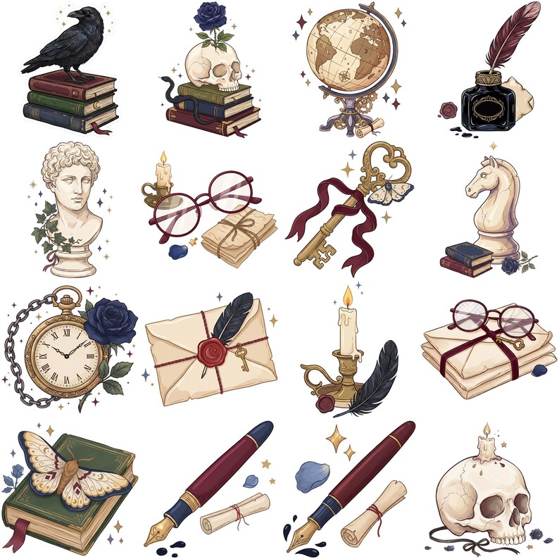 May include: A collection of sixteen individual illustrations featuring dark academia motifs including a black raven on books, a skull with a blue rose, a globe, an inkwell with a quill, a marble bust, spectacles, a skeleton key, a chess piece, a pocket watch, a wax-sealed envelope, a candle, and fountain pens.