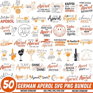 Op de afbeelding: Een digitale downloadbundel van 50 Duitse Aperol SVG- en PNG-bestanden. De ontwerpen bevatten verschillende Aperol Spritz-thema graphics, waaronder cocktailglazen, zinnen en illustraties in oranje en zwart.