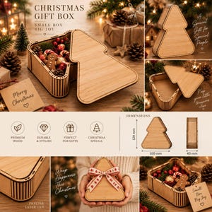 Könnte beinhalten: Eine hellbraune Holzgeschenkbox in Form eines Weihnachtsbaums mit abnehmbarem Deckel. Die Box hat lasergeschnittene Details und misst 120 mm in der Höhe, 100 mm in der Breite und 40 mm in der Tiefe. Sie ist mit festlichen Ornamenten gefüllt.