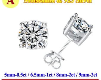 Moissanite Stud Earrings, 925 Sterling Silver, Round Cut, D Color VVS1 Clarity