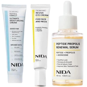 May include: Three NIDA skincare products are shown: Ultimate Moisturizing Cream, Revive Eye Cream, and Peptide Propolis Renewal Serum. The moisturizing cream is 100 ml, the eye cream is 40 ml, and the serum is 50 ml.