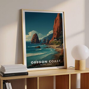 Lámina decorativa de la costa de Oregón, póster de viaje de la costa del Pacífico, decoración de Cannon Beach, arte de Haystack Rock, regalo para viajeros.