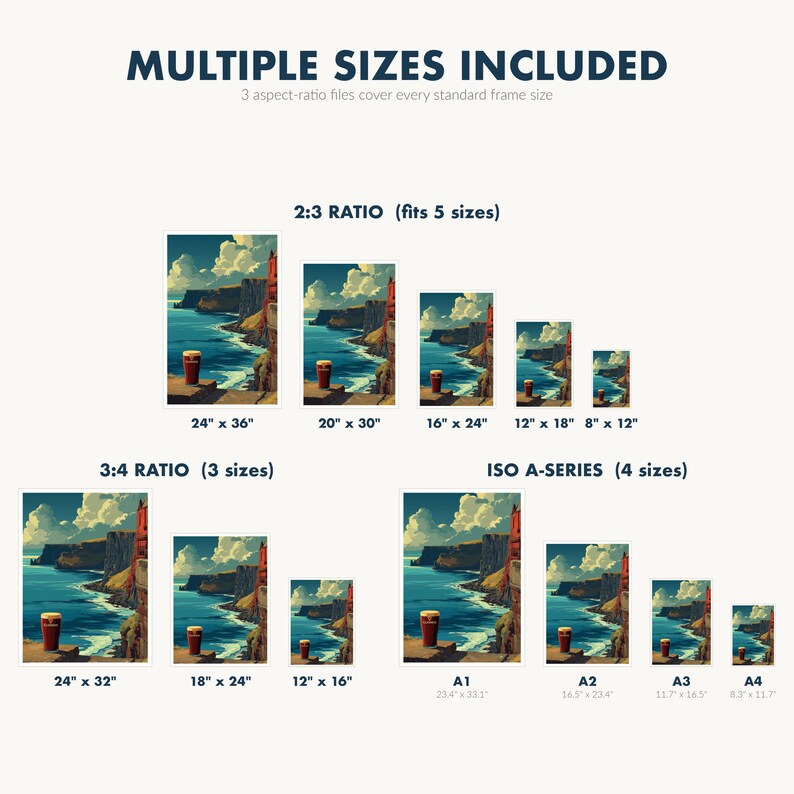 May include: Art print featuring a coastal landscape with a red-roofed building, blue water, and a pint of beer. The image is available in multiple sizes, including 24" x 36", 20" x 30", and 16" x 24". The text says "MULTIPLE SIZES INCLUDED".