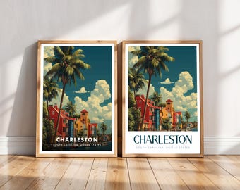 Charleston South Carolina Travel Poster, Rainbow Row Art, Palm Trees (Digital Download)