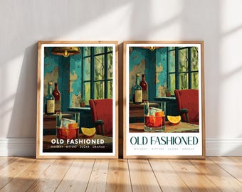 Old Fashioned Cocktail Print, Vintage Bar Art, Whiskey Decor (Digital Download)
