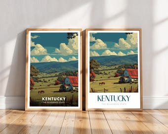 Puede incluir: Dos láminas enmarcadas de un paisaje de Kentucky. Las láminas muestran una granja blanca con tejado rojo, colinas verdes y caballos pastando. El cielo es azul con nubes blancas. El texto "KENTUCKY - THE BLUEGRASS STATE" está en la parte inferior.