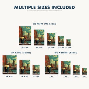 May include: A collection of art prints in various sizes, featuring a cityscape with a dark pint of beer and the text "GOOD THINGS COME". Sizes include 24" x 36", 20" x 30", 16" x 24", 12" x 18", and 8" x 12".
