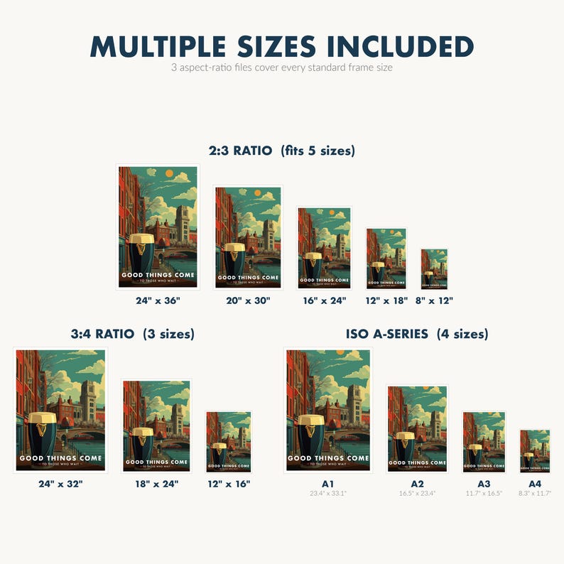 May include: A collection of art prints in various sizes, featuring a cityscape with a dark pint of beer and the text "GOOD THINGS COME". Sizes include 24" x 36", 20" x 30", 16" x 24", 12" x 18", and 8" x 12".