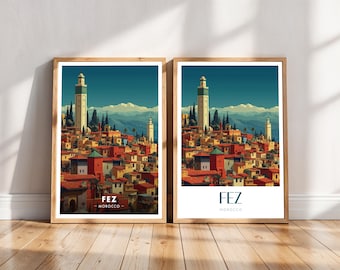 Fez Morocco Medina Travel Poster, Flat Vector Art, Ochre Rooftops (Digital Download)
