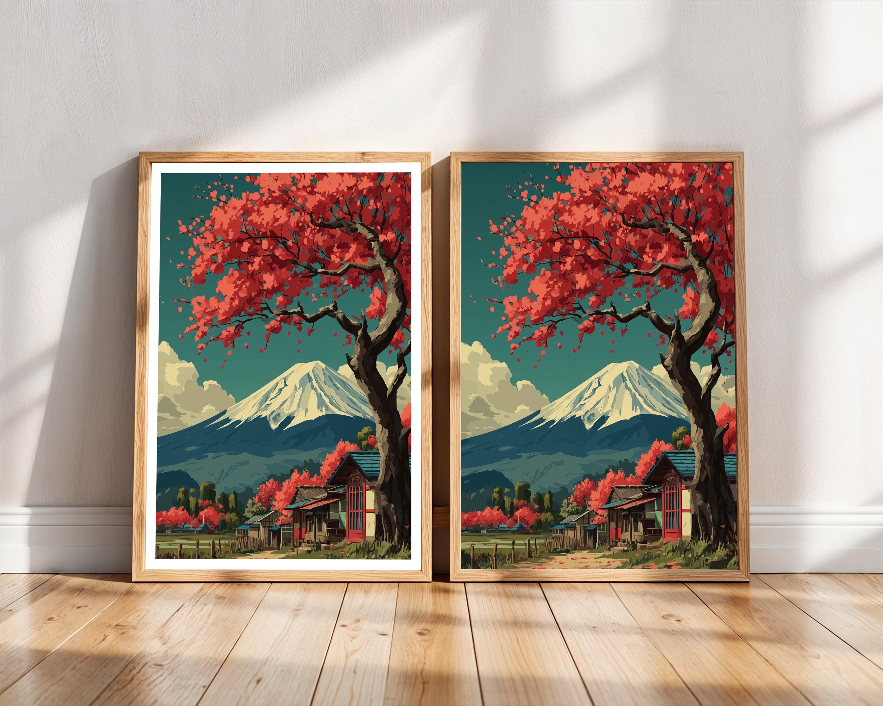 Cherry Blossom Mount Fuji Art Print, Japanese Landscape Travel Poster ...