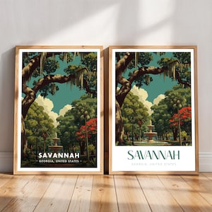 May include: Two framed art prints featuring a stylized illustration of Savannah, Georgia. The prints depict a park scene with a fountain, lush trees, and the text "SAVANNAH" and "GEORGIA, UNITED STATES". The artwork is in a vintage travel poster style.