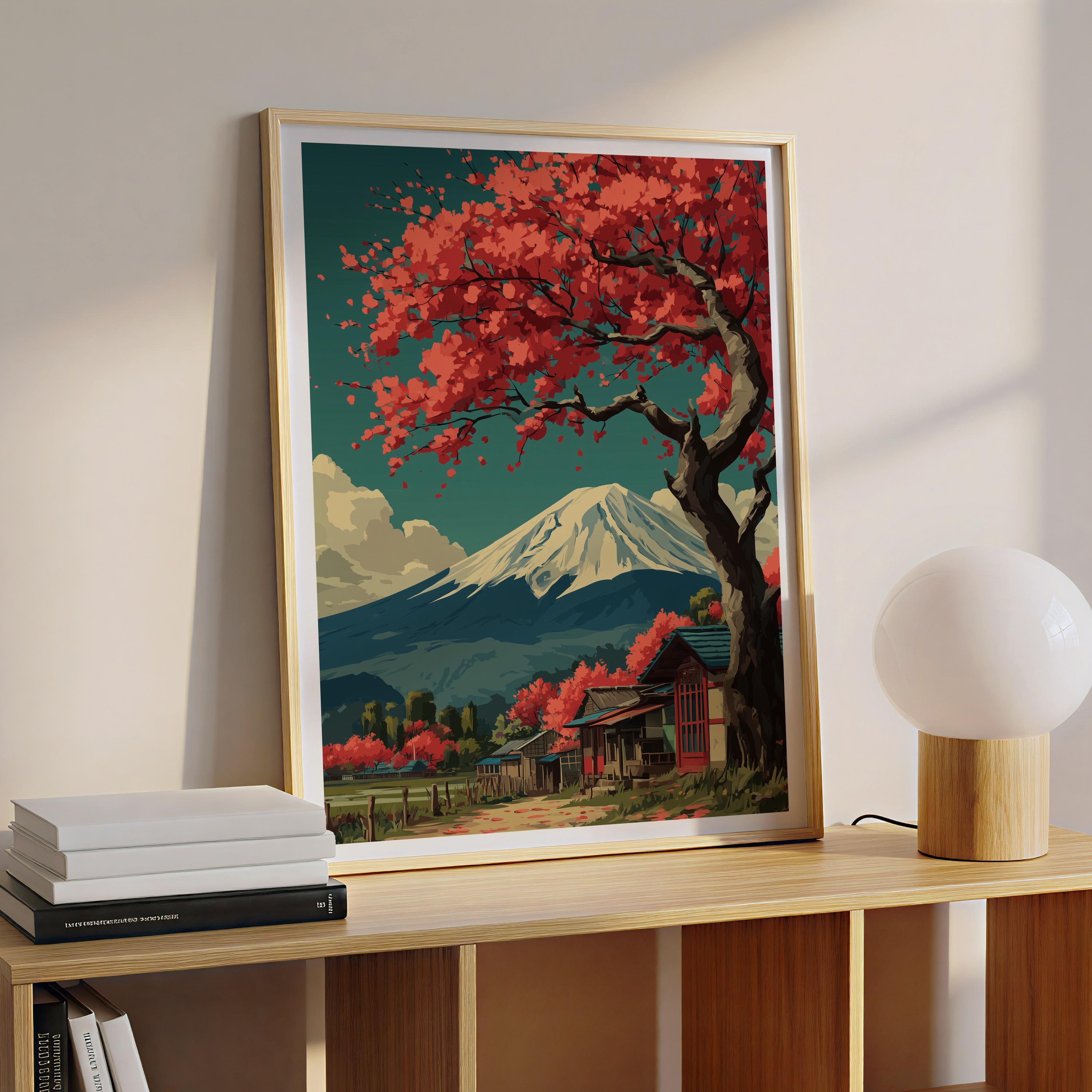 Cherry Blossom Mount Fuji Art Print, Japanese Landscape Travel Poster ...