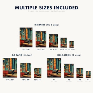 May include: A print featuring a watercolor painting of a pub interior with a pint of stout on a table. The image includes multiple size options, with text that reads "MULTIPLE SIZES INCLUDED". The print sizes range from 8" x 12" to 24" x 36".