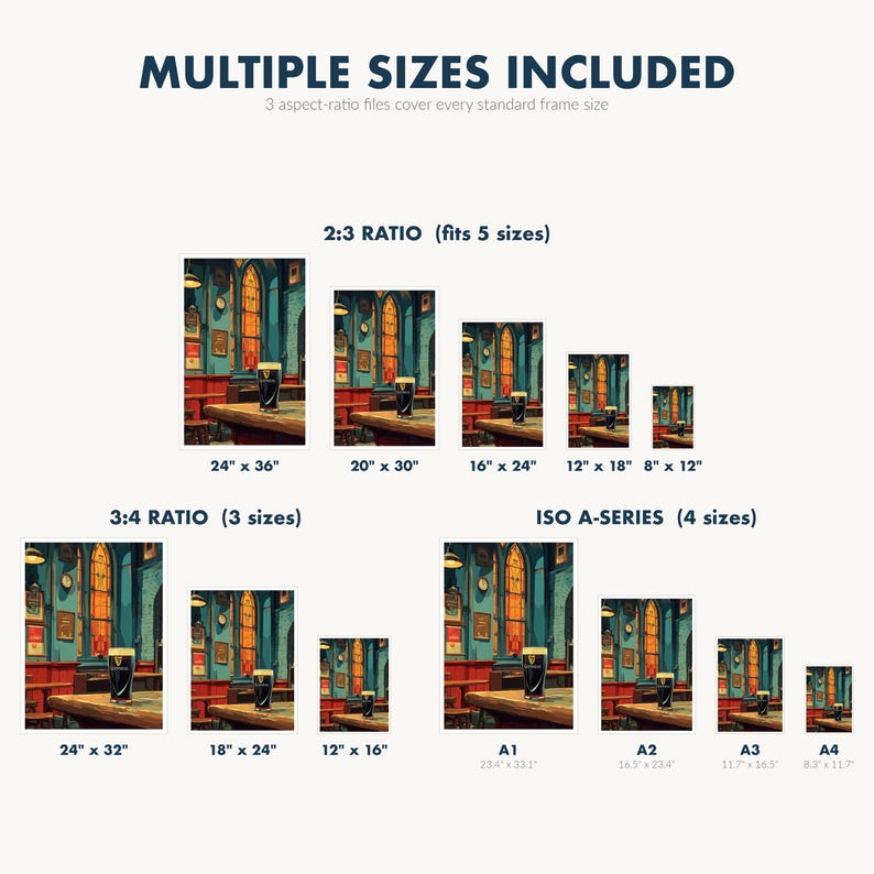 May include: A print featuring a watercolor painting of a pub interior with a pint of stout on a table. The image includes multiple size options, with text that reads "MULTIPLE SIZES INCLUDED". The print sizes range from 8" x 12" to 24" x 36".