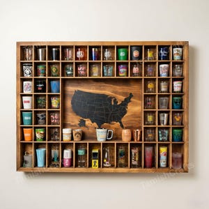 Wall Mounted Wooden Glass Display Case with Map, Shotglass Display, Collection Showcase, Mug Display Case, Wall Display Cabinet