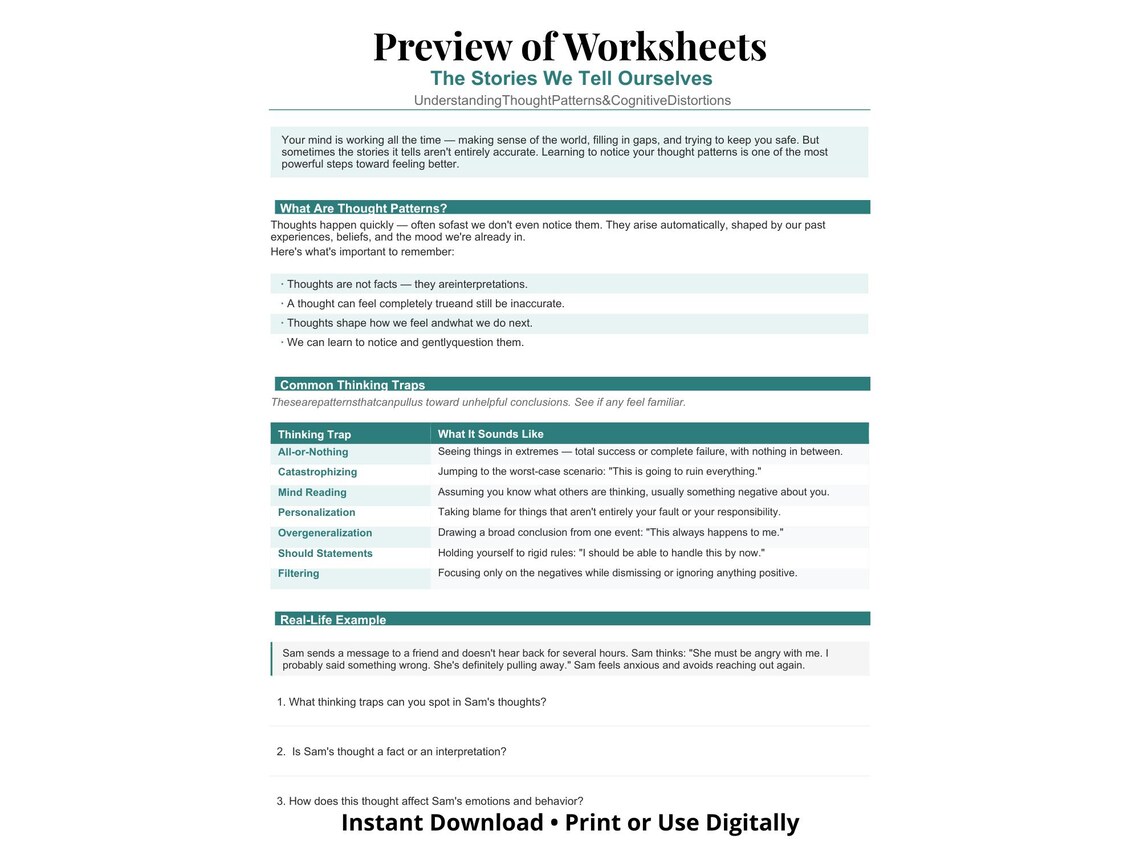 Cognitive Distortions Worksheet for Adults | Thought Patterns CBT ...