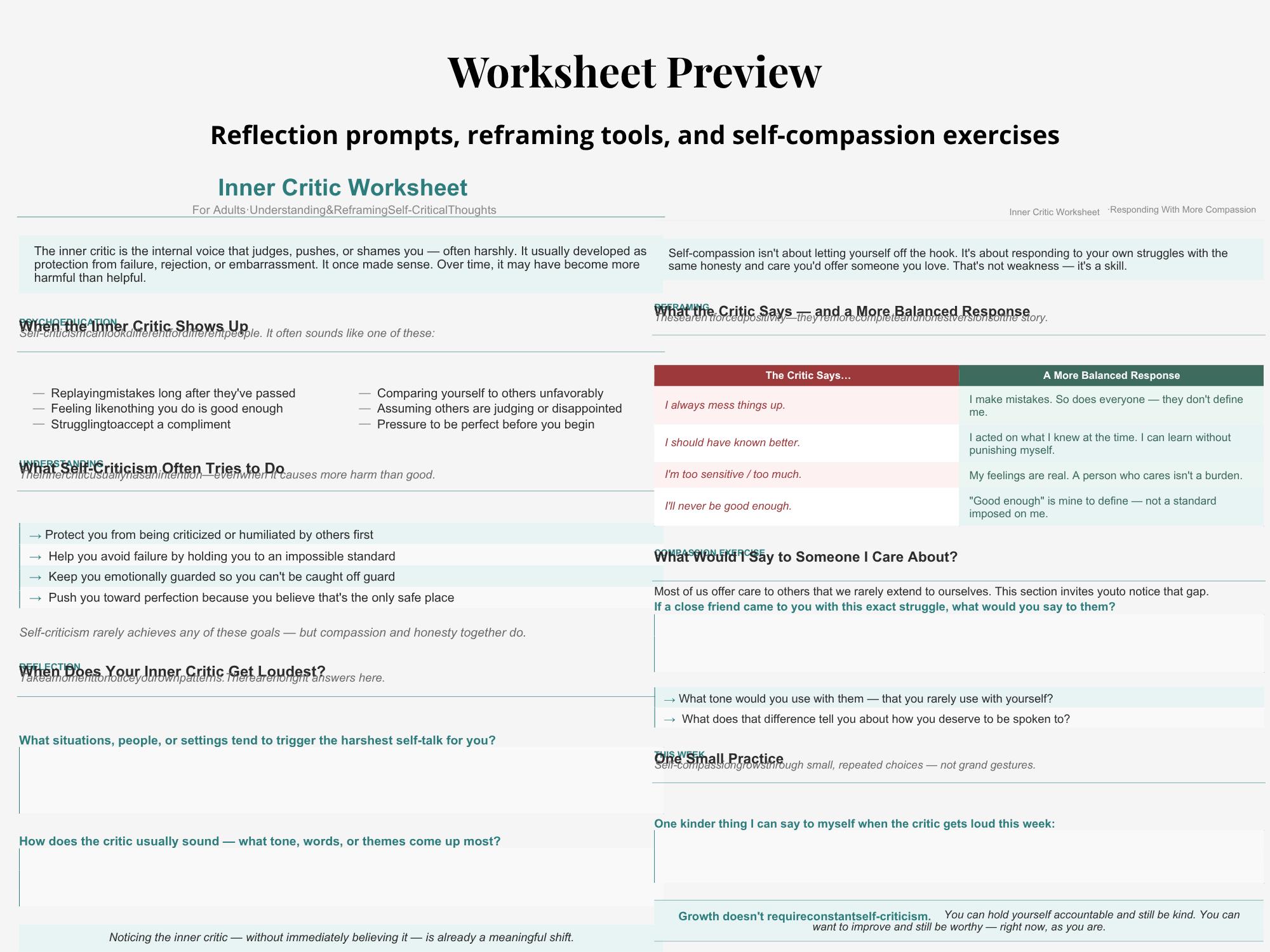 Inner Critic Worksheet for Adults | Therapy Printable PDF for Self ...