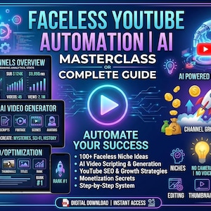 Op de afbeelding: Een digitale afbeelding met de titel Faceless YouTube Automation AI Masterclass or Complete Guide. Het toont schermen met analyses, videogeneratie en SEO-tools, naast iconen van een raket, munten en gloeilampen op een donkerblauwe achtergrond.