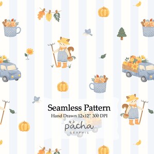 Puede incluir: Un patrón sin costuras con ilustraciones en acuarela de ardillas con peto, camiones azules con calabazas, tazas con rodajas de naranja y hojas de otoño sobre un fondo de rayas azul claro. Texto: Seamless Pattern Hand Drawn 12x12" 300 DPI pacha GRAPHIC.
