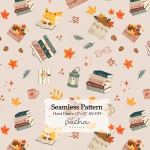Könnte beinhalten: Ein nahtloses Muster mit Illustrationen von füchsen, die bücher lesen, stapeln von bunten büchern, herbstblättern, eicheln, laternen, tassen und umschlägen auf beigem grund. Der text lautet Seamless Pattern Hand Drawn 12"x12" 300 DPI pacha graphic.