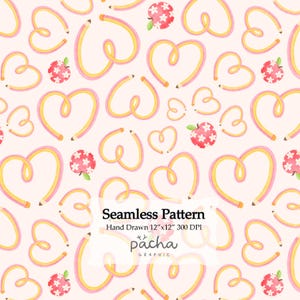 Puede incluir: Un patrón continuo con lápices amarillos doblados en forma de corazón y manzanas rojas con flores blancas sobre un fondo rosa claro. El texto dice Seamless Pattern Hand Drawn 12"x12" 300 DPI pacha GRAPHIC.