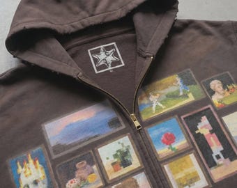 Minecraft Painting Gallery Hoodie - Y2K Washed Distressed Zip-Up (Unisex Streetwear)