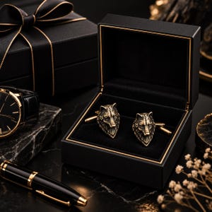 Pode incluir: Um par de abotoaduras de metal dourado em forma de cabeças de lobo detalhadas, apresentadas dentro de uma caixa retangular preta com bordas douradas. As abotoaduras apresentam texturas de pelo intrincadas e orelhas pontiagudas.